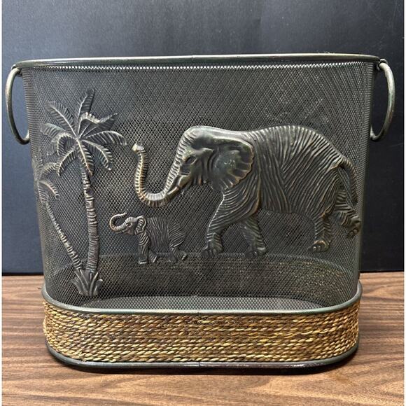 Oval Mesh Metal Basket Magazine Rack Elephants Tropical Palm Tree Waste Basket - Picture 1 of 9